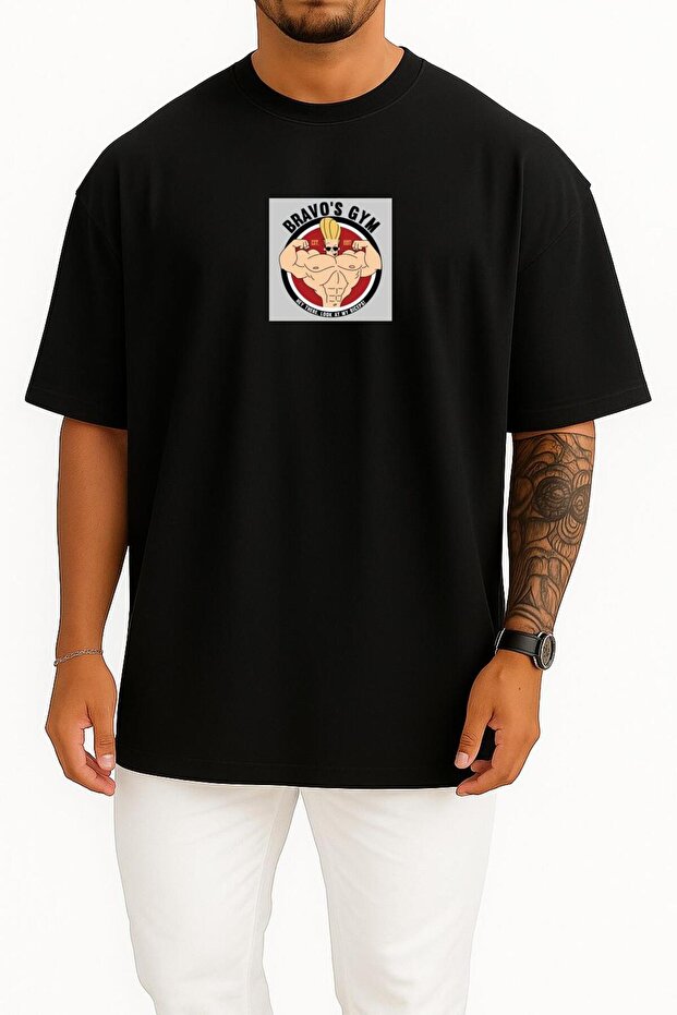 Oversized Johnny Bravo Gym Salonu Chest Printed Unisex T-Shirt