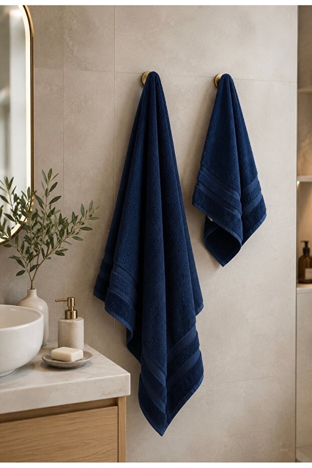Stripe Pattern Bath Towel & Head Towel Set, 100% Cotton