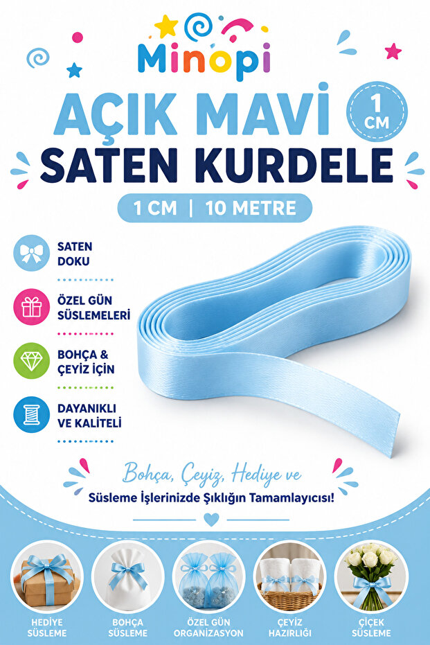 Light Blue Satin Ribbon 1 cm 10 Yards, Bundle Dowry Special Day Decoration Ribbon