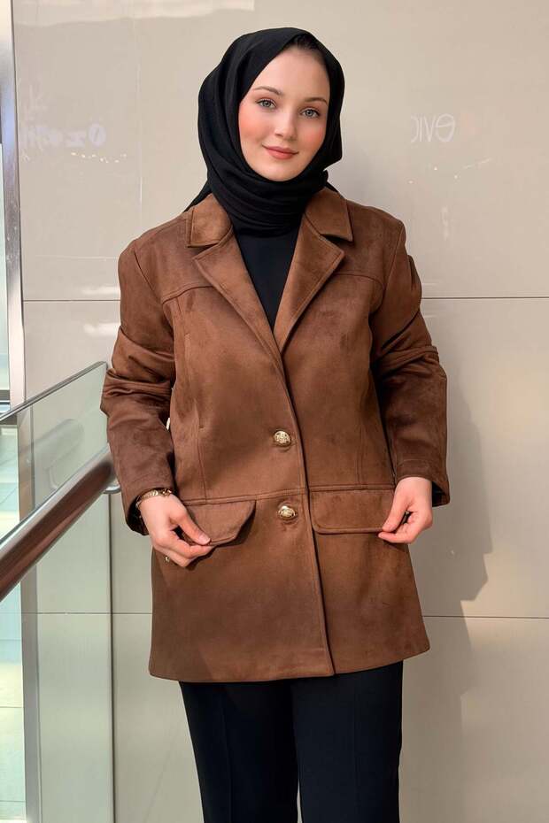 Double-Breasted Collar Gold Buttoned Nubuck Jacket