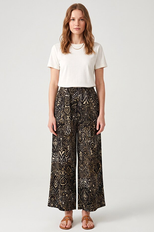 Women's Black Green Abstract Patterned Atlas Wide Leg Pants