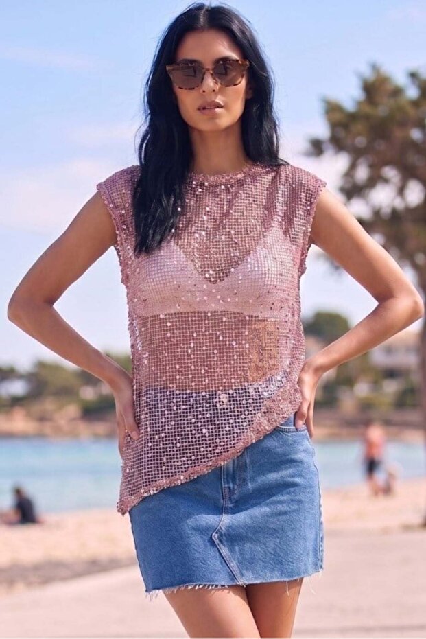 Women's Pink Sequined Asymmetrical Cut Boat Neck Blouse