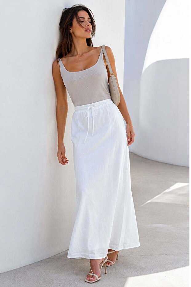 White Elastic Waist Long Women's Skirt MG1979