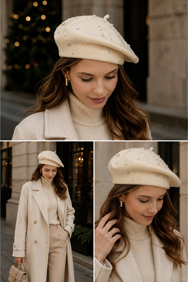 Hat Stoned Painter Cap Winter White Cream Color Outerwear Woolen Valentine's Day Gift
