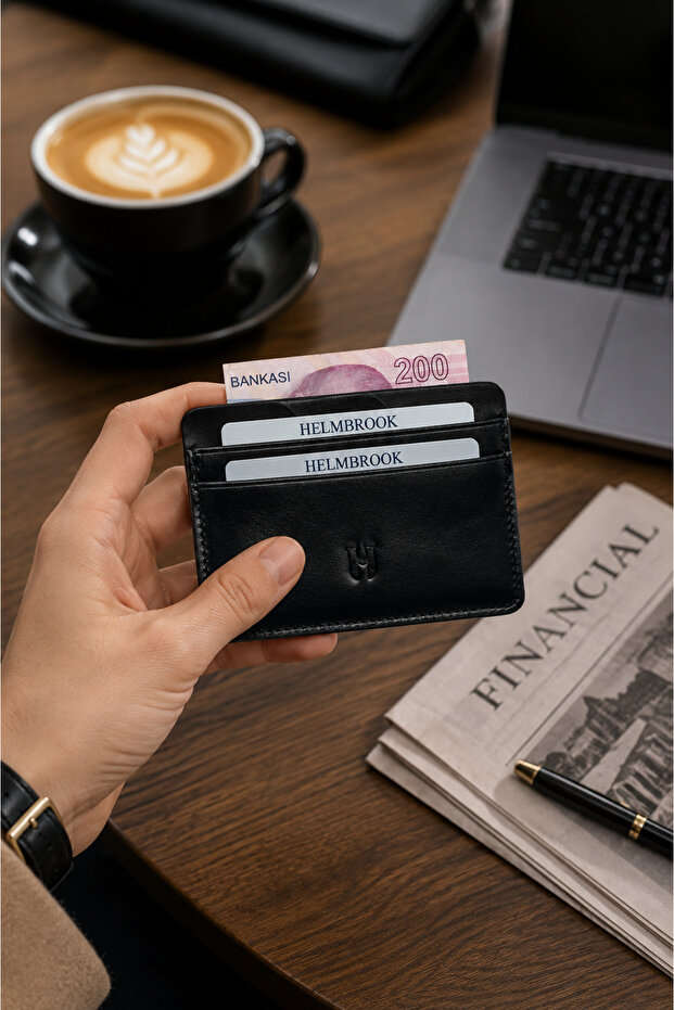 حافظة بطاقات رفيعة من الجلد الطبيعي للرجال مع حماية RFID باللون الأسود من إلتون