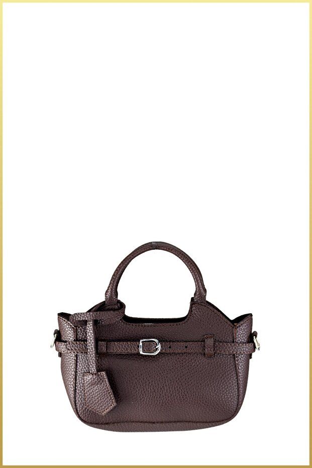 Women's Textured Leather Belt Detailed Hand and Shoulder Bag - Bitter Brown