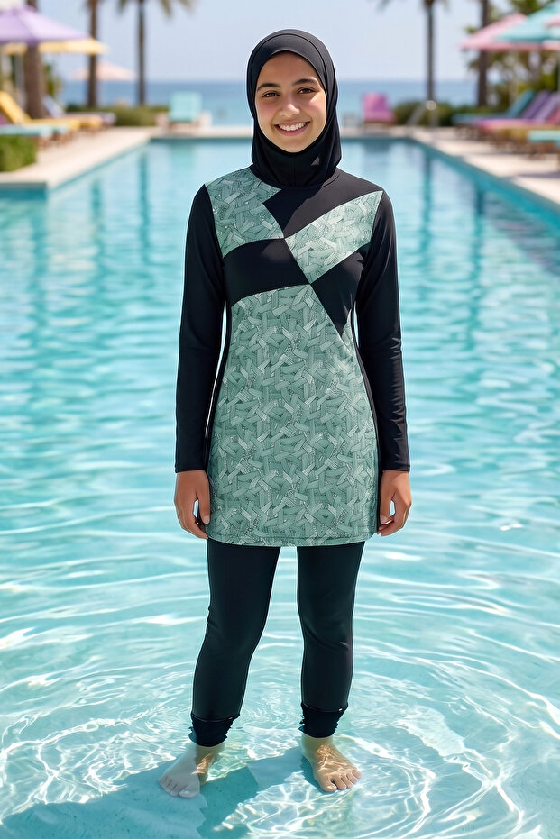 Young Girl Lycra Long Sleeve Full Covered Hijab Swimsuit 4471 Black03