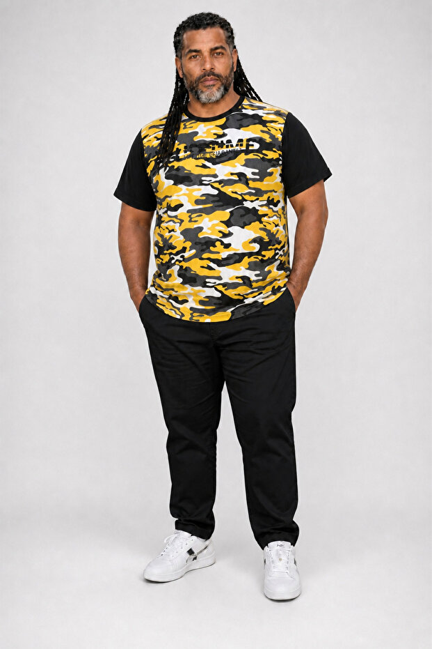 Large Size Shoulder Line Camouflage Men's T-Shirt 23147 Mustard