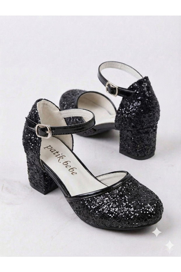 Girl's Black Broken Glass Square Heeled Evening Dress Shoes