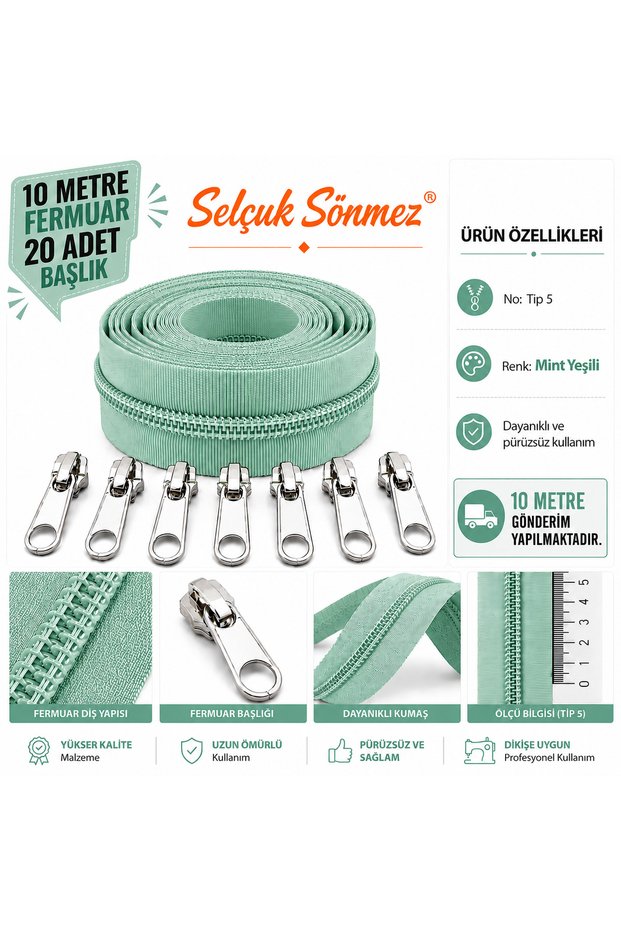 MINT GREEN 10 METER ZIPPER 20 PIECES HEADS