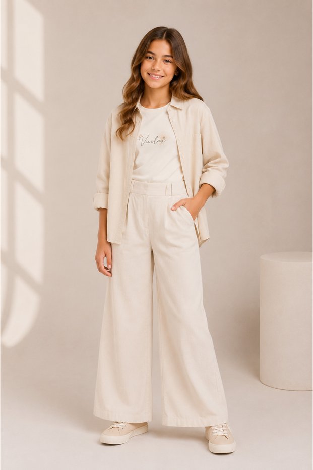 8-14 Years Old Girls' Cream Shirt T-Shirt Pants Cotton 3-Piece Set