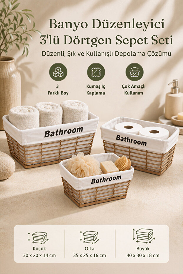 3-Piece Rectangular Bathroom Organizer Basket Set – Multi-Purpose Organizer with Fabric Interior Coating | Decorative Kitchen & Bathroom Basket