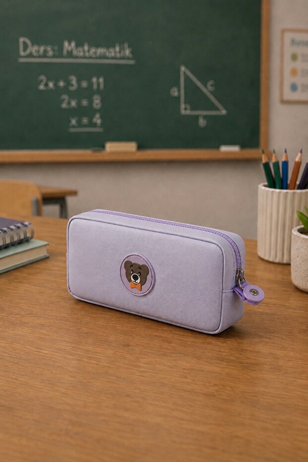 Unisex Lilac Pen Holder, Single Compartment Pencil Case, Teddy Bear Logo, 20X10X3Cm