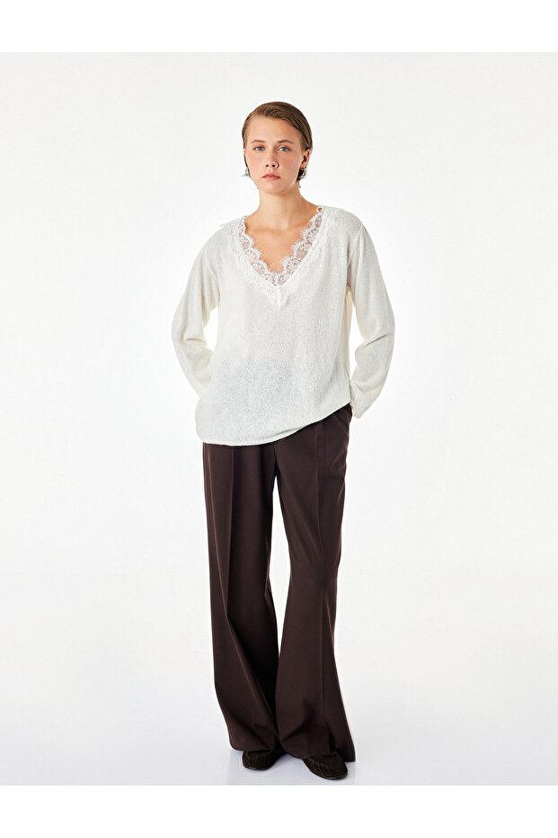 Lace Detailed V-Neck Long Sleeve Wool Blend Oversize Knitwear Sweater