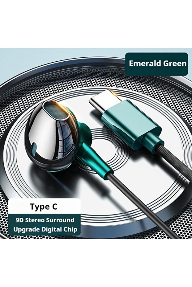 green Type-C NEW 9D Surround Sound Type C&3.5mm Headphones Volume Control Headset With HD Mic Wired