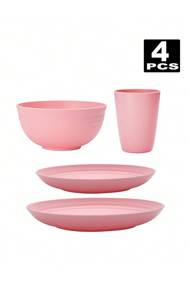 4pcs-pink 4/16/32pcs Reusable, Plastic Cutlery Set, Dinner Plate/Dessert Plate/Cereal Bowl/Cup, for