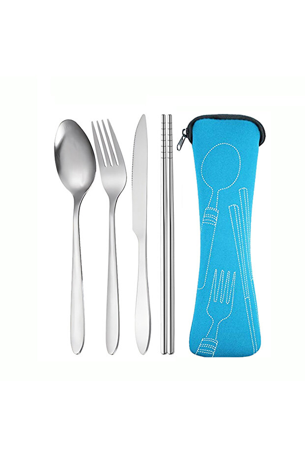 4pcs blue 4pcs Portable Stainless Steel Cutlery Set, Knife, Fork, Spoon and Chopsticks Suitable for
