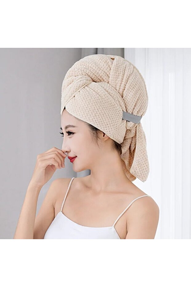 1pc 60x100cm Khaki Super Absorbent Elastic Band Head Towel for Women's Hair Drying - Extra Large Mic
