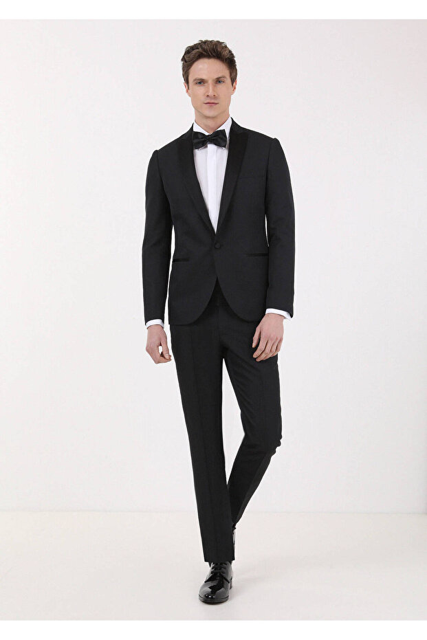 Black Micro Fashion Slim Fit Double Breasted Collar Woven Tuxedo Suit