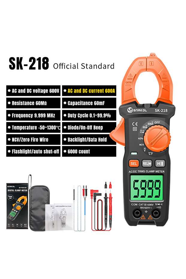 SK218 SK218 مقياس التيار الكهربائي الرقمي 600 أمبير تيار متردد مستمر تيار متردد حقيقي مقياس التيار الكهربائي التلقائي مقياس التيار الكهربائي الفولتميتر
