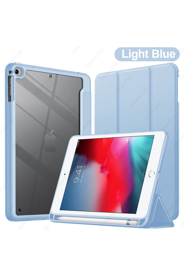 جراب أزرق فاتح لجهاز iPad Mini 5/4 مقاس 7.9 بوصة موديل 2019/2015 مع حامل قلم، ظهر شفاف