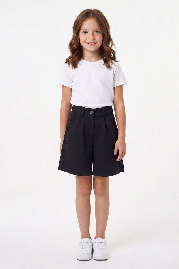 Stone Detailed Adjustable Waist Girls' Shorts