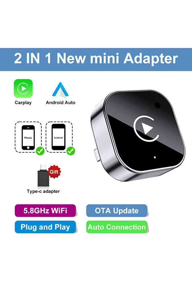 2in1 2026 Wireless CarPlay Adapter 2-in-1 Wired to Wireless Dongle for Apple & Android Phone Plug an