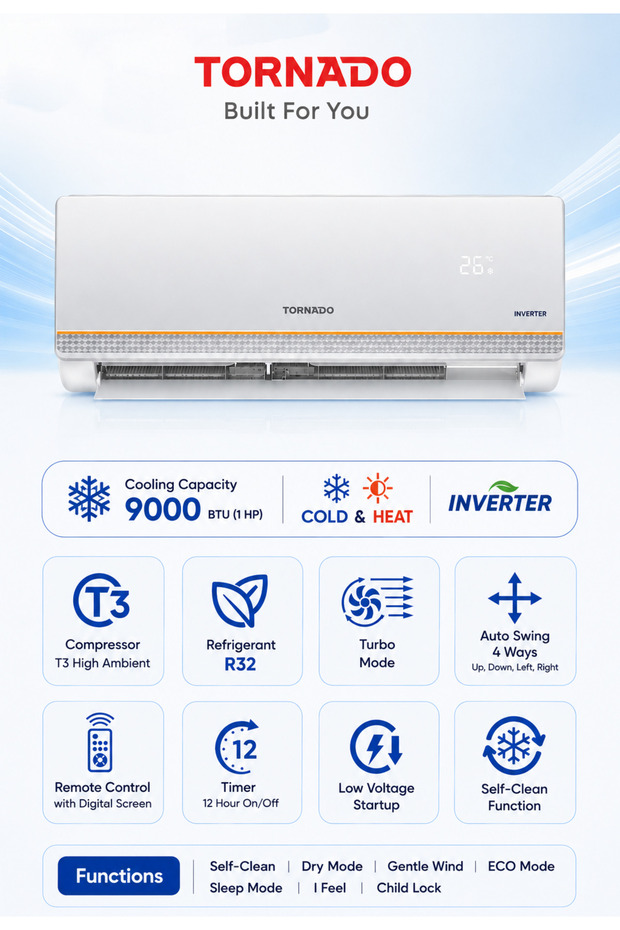 1 HP Split Air Conditioner Inverter, 9000 BTU, Cooling & Heating, R32 Refrigerant, Turbo Cool TY-X09BHM