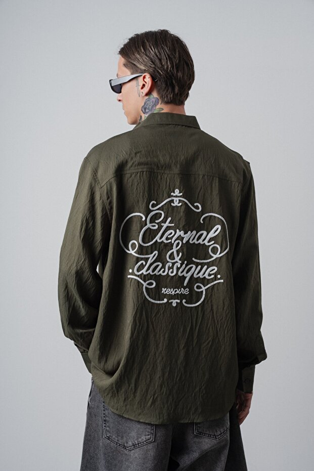 Men's Eternal Embroidered Long Sleeve Linen Oversized Shirt Khaki