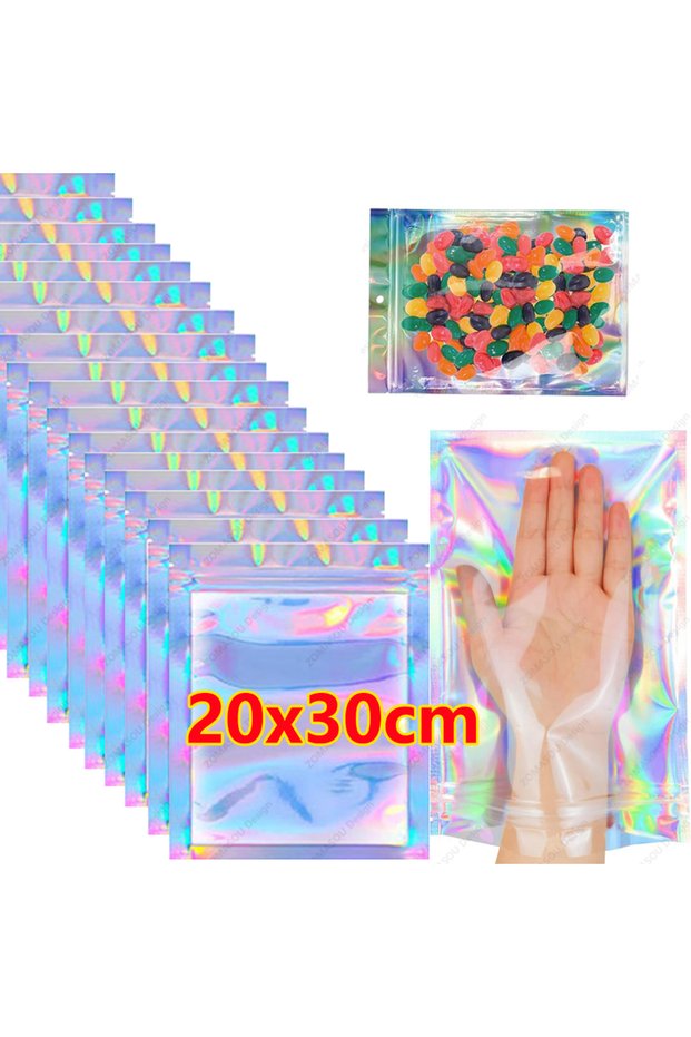 20Pcs 20x30cm 200-1PCS Laser Sealing Bags Color Plastic Holographic Candy Food Pouch Resealable Neck