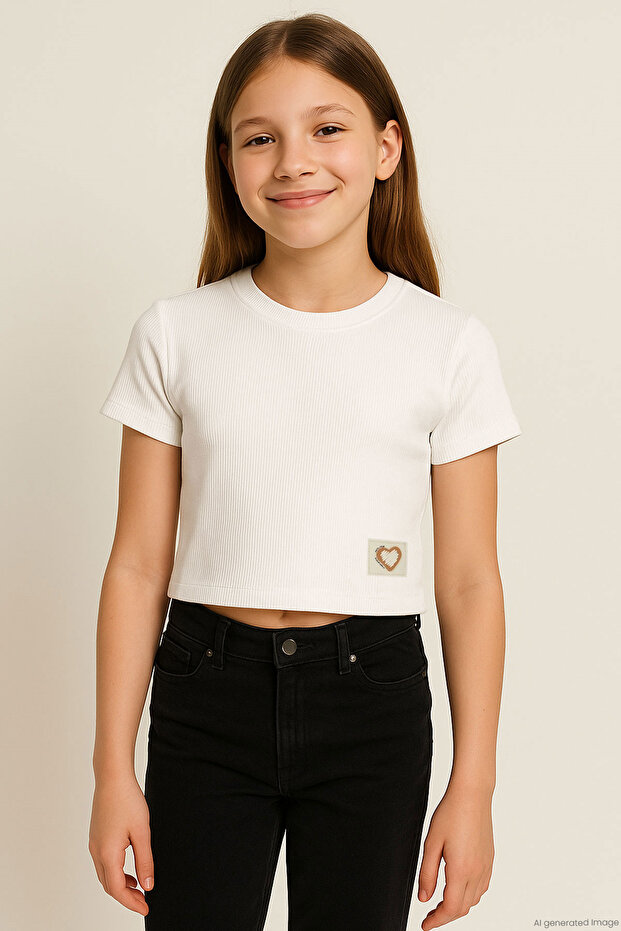 Girl's T-Shirt with Heart Emblem, Ages 9-14, Ecru