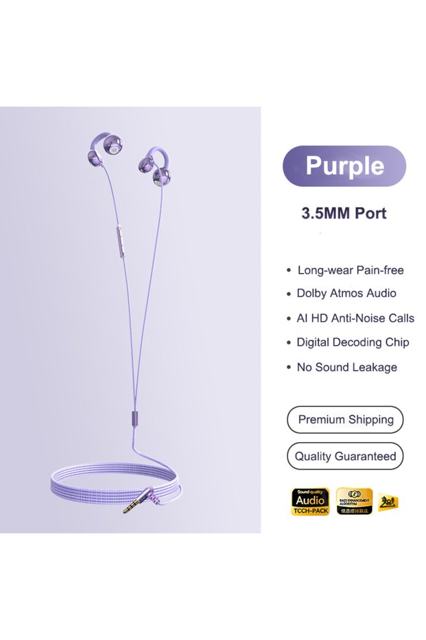 3.5mm purple NEW Clip-on Type C&3.5mm Wired Headphones HIFI Sound Sports Earbuds Handfree Gaming Hea