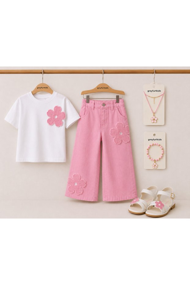 Girls' Set with Flower-Embellished Jeans