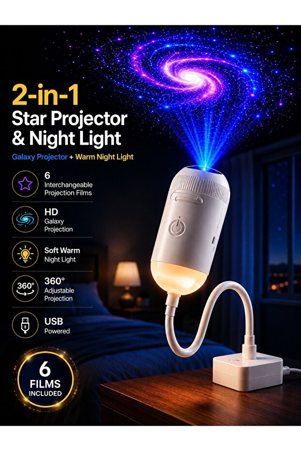 2-in-1 Galaxy Projector & Night Light with 6 Projection Films, HD Starry Sky & Milky Way Projector