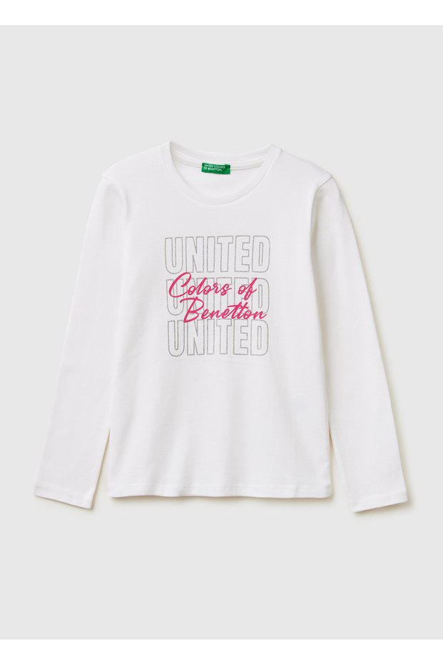 Girl's white t-shirt with glitter logo detail, crew neck, and long sleeves.