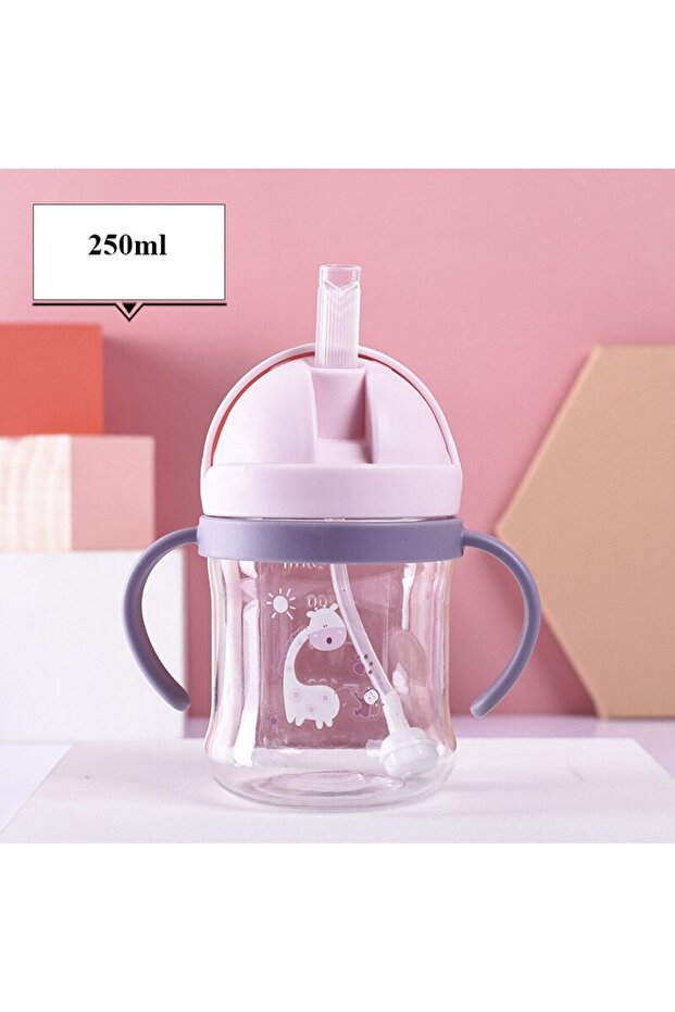 Pink Kids Water Bottle 250ml Leak Proof Sippy Cup with Gravity Ball Straw Wide Mouth for Toddler Bab