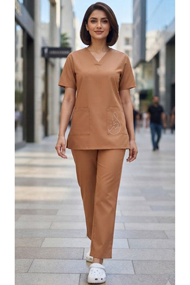 Professional Housemaid/Baby sitter/Khadama/Nanny Uniform Set,SHORT Sleeves, V-Neck Top with Pockets and Trousers,COTTON