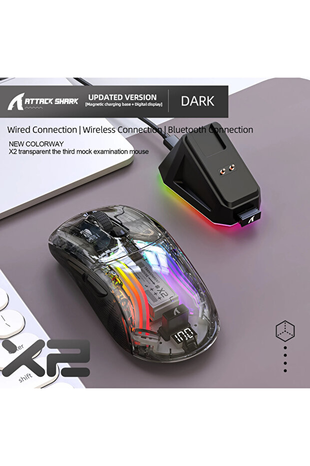 ماوس بلوتوث X2PRO Black Attack Shark X2PRO، ثلاثي الأوضاع، إضاءة RGB، شحن مغناطيسي، شفاف