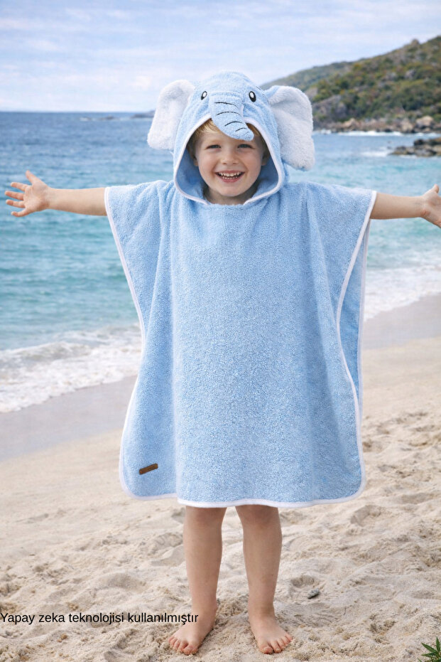 Poncho Children's Bathrobe Beach Towel Hooded (3-7 Years) Inner-Outer Surface 100% Cotton Elephant Blue Animal