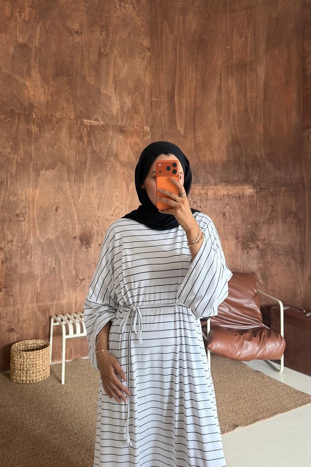 Striped Cotton Hijab Dress Women's Summer Oversize Comfortable Fit Belted Long Dress