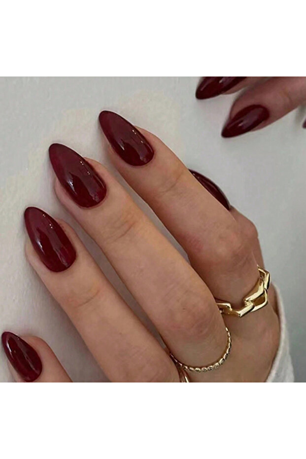 Red 24Pcs/Set Simple Wine Red Fake Nails Mid-length Almond Press on Nails Art Wearable Round Head Ov