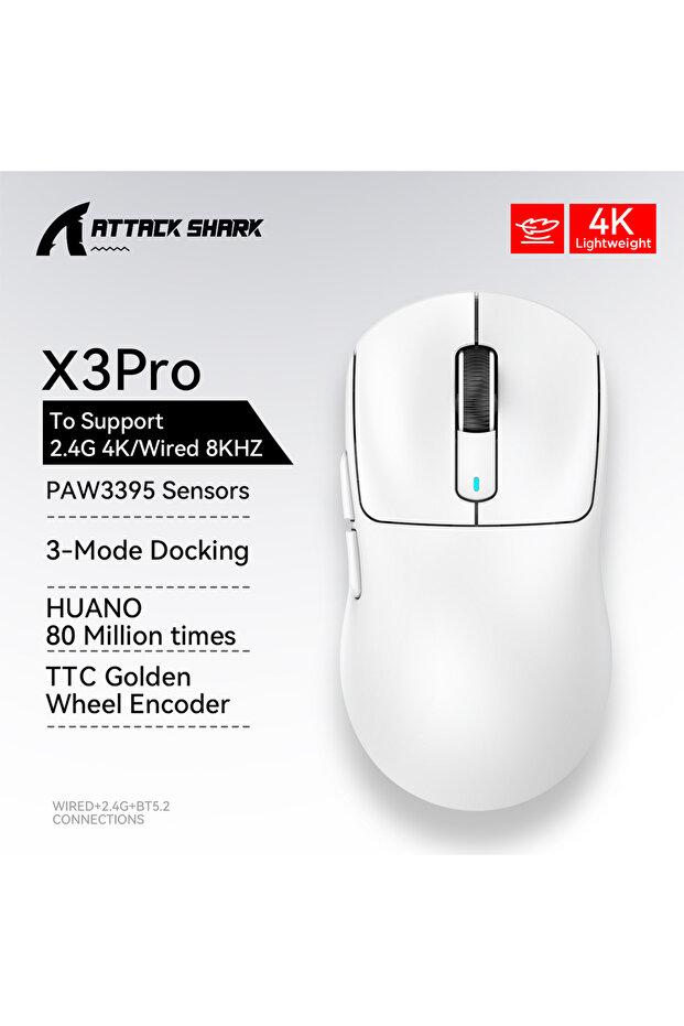 X3Pro 4K White ATTACK SHARK X3 / X3 PRO Wireless Gaming Mouse, Tri-Mode, PAW3395