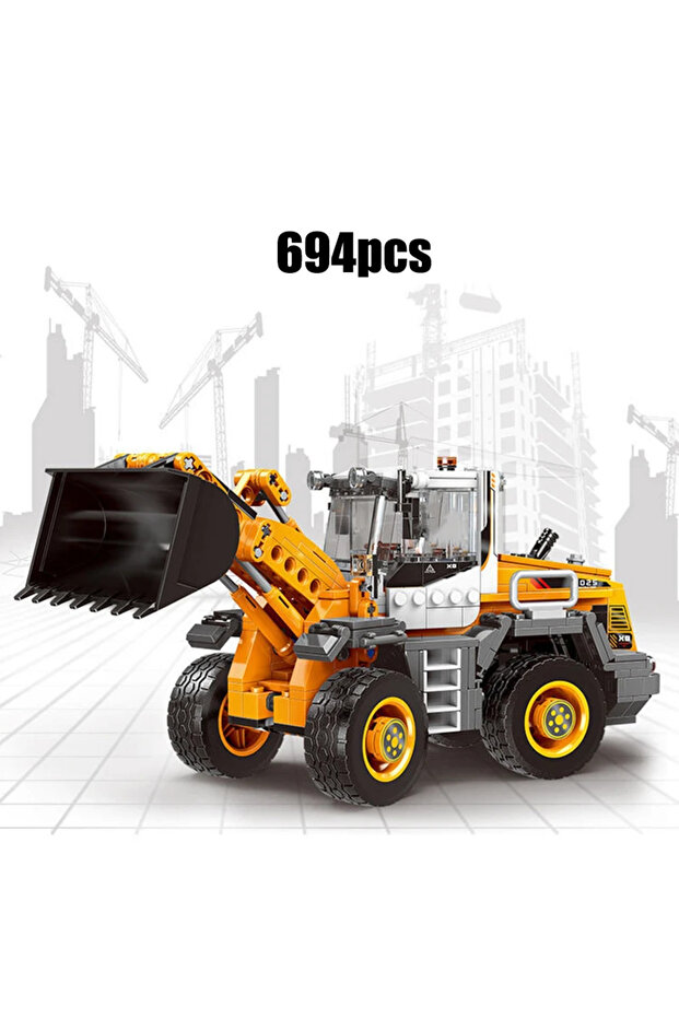 XB3035 بدون صندوق، مكعبات بناء مكعبات بناء ميكانيكية (MOC) على شكل سيارة لودر وشاحنة تعدين ثقيلة ورافعة، مع محرك قابل للتركيب بنفسك