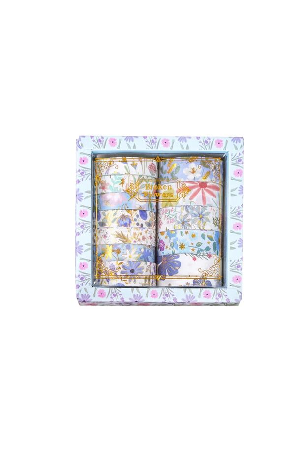Blue 12 Rolls/Box of Plant Flower Patterned Washi Tape, with Gold Stamping Design, Suitable for Deco