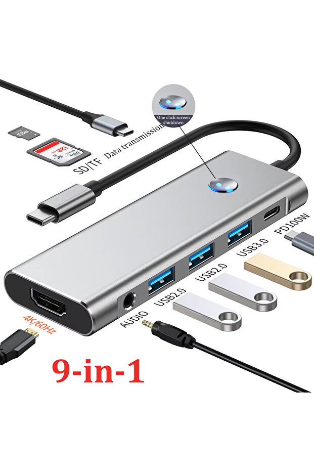 محطة إرساء USB C 9 في 1 مع زر إيقاف الشاشة، موزع USB من النوع C إلى H