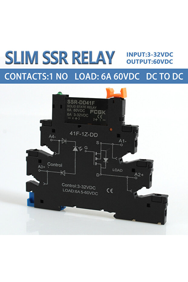 وحدة ريلاي الحالة الصلبة SSR DC-DC C2 FCGK للتحكم بالتيار المستمر في التيار المتردد 6 أمبير بواجهة نحيفة، وحدة ريلاي SSR نحيفة بواجهة DIN للتحكم بالتيار المستمر