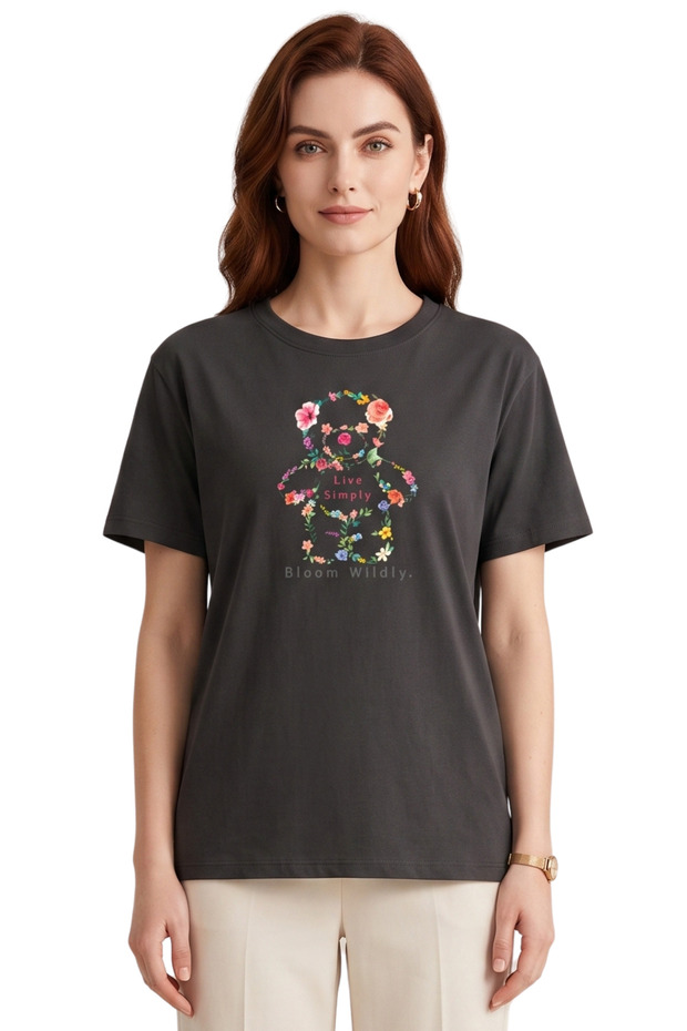 Multicolored Floral Teddy Bear Printed Oversized Basic Fit Crew Neck Unisex T-Shirt