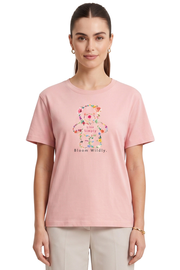 Multicolored Floral Teddy Bear Printed Oversized Basic Fit Crew Neck Unisex T-Shirt