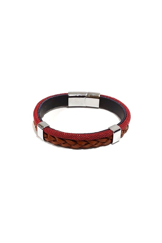 Round Shell Hair Weave Red Brown Leather Unisex Bracelet – Hand-Knitted Look, One Size