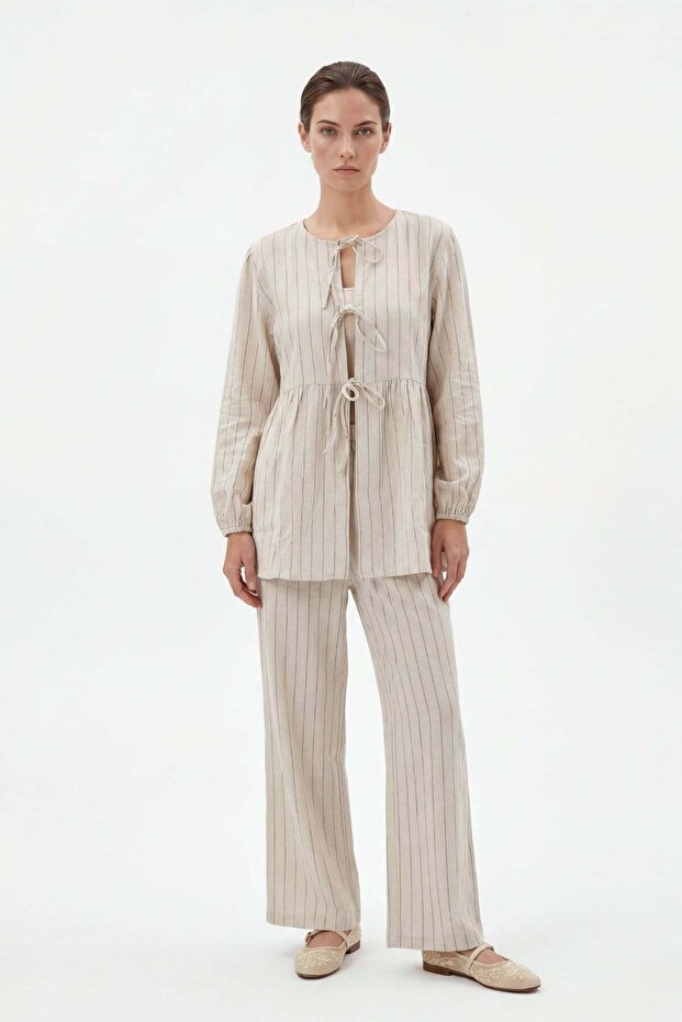 Women's Striped Tie-Detail Blouse and Pants Set
